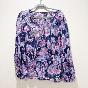 Talbots Navy Paisley Floral Tie-Front/Henley Button Blouse with Pink Accents XL
